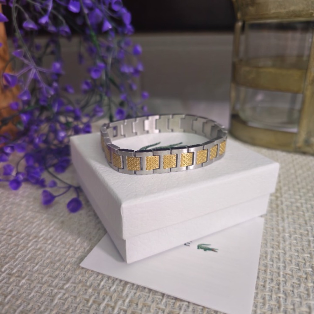 Lacoste Two Tone Gold Silver Woven Link Bracelet Stainless Steel 8in Unisex